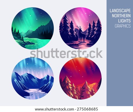 Set abstract circle vector landscape northern lights