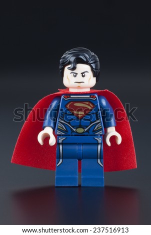 Tambov, Russian Federation - January 13, 2014 Lego Superman minifigure on black background. Studio shot. LEGO is a popular line of construction toys manufactured by the Lego Group (Billund, Denmark).