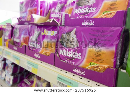 Paphos, Cyprus - December 09, 2013 Cat\'s food by Whiskas on store shelves. Whiskas (formerly known as Kal Kan) is a brand of cat food sold throughout the world.