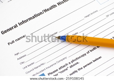 General Information in Health History application form with ballpoint pen.