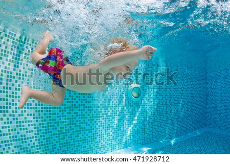 Similar – Image, Stock Photo Funny boy swimming underwater looking at camera