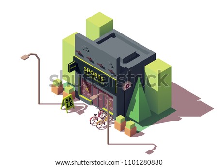 Vector isometric sports and fitness store with sale signboard and bicycles on the display