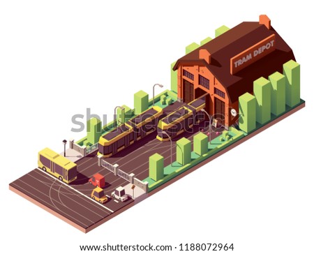 Vector isometric old tram depot and modern yellow tramcars or streetcars on the tramway