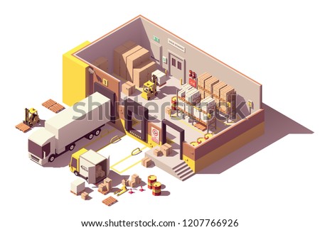 Vector isometric low poly warehouse cross-section. Includes trucks with crates, pallets, loading docks, building interior, pallet racking systems, stacks of cardboard boxes, forklift, security camera