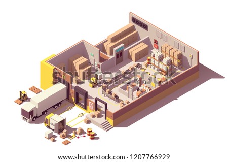 Vector isometric low poly warehouse cross-section with trucks, crates and pallets, loading docks, building interior, warehouse conveyor, pallet racking system, forklift, office, cold storage, cctv