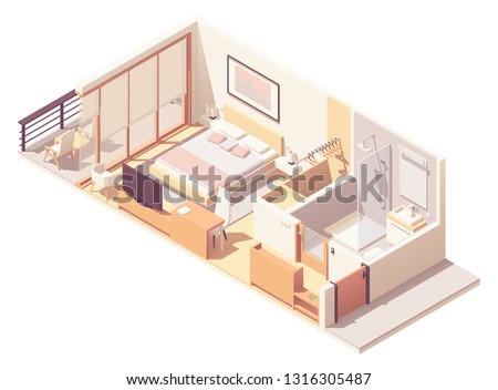 Vector isometric hotel suite interior cross-section with double bed, big windows and balcony, tv, small bathroom, shower cabin and toilet