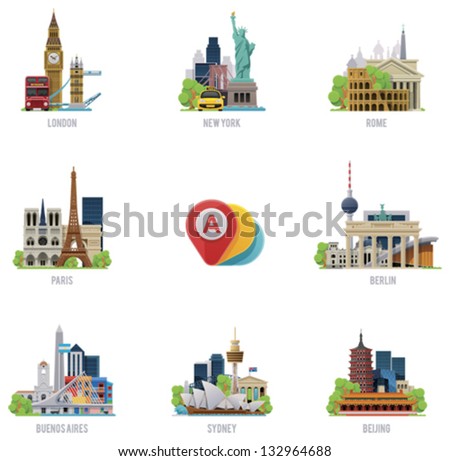Vector global travel destinations icon set. Includes symbols and landmarks of London, UK; New York, USA, Rome, Italy; Paris, France; Berlin, Germany; Buenos Aires; Sydney, Australia and Beijing, China