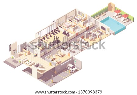 Vector isometric hotel interior cross-section. Hotel rooms and suit, reception, fitness gym, breakfast area, kitchen, laundry room, parking garage and outdoor pool