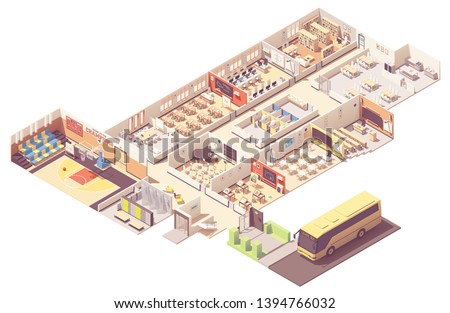 Vector isometric school or college building cross-section. Classrooms, basketball gym, lecture hall, library, music and art classes, teachers room, cafeteria and school bus