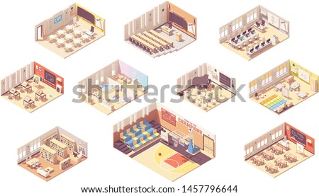 Vector isometric school or college building cross-section. Classrooms, basketball gym, lecture hall, library, music and art classes, teachers room, cafeteria and school bus