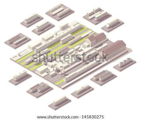 Vector isometric railroad yard. Includes depot or train station, variety of trains and cargo cars