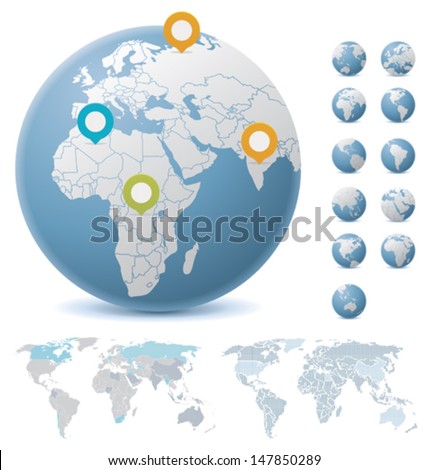 Vector World maps and Earth globes showing Europe, North and South Americas, Africa, and Asia