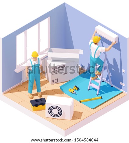Vector isometric technicians installing or fixing home air conditioner. Workers with tools in the room providing repair and maintenance works, split system air conditioner on the wall