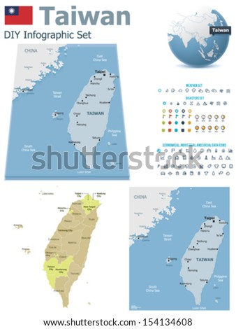 Vector Taiwan maps, Taiwan flag, Earth globe showing country location, map markers and related icon set