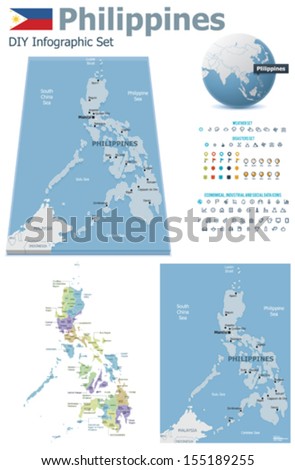 Vector Philippines maps, Philippines flag, Earth globe showing country location, map markers and related icon set 