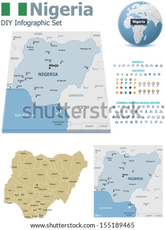 Vector Nigeria maps, Nigeria flag, Earth globe showing country location, map markers and related icon set