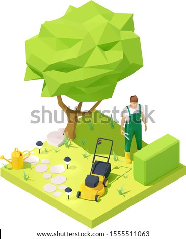 Vector isometric gardener working in garden. Gardening. Gardener in uniform with pruning shears, lawn mower, watering can on lawn with bush and tree