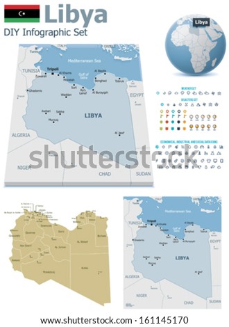 Vector Libya maps, Libya flag, Earth globe showing country location, map markers and related icon set