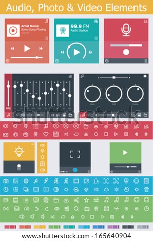 Vector flat photo, video and audio app UI elements and icon set