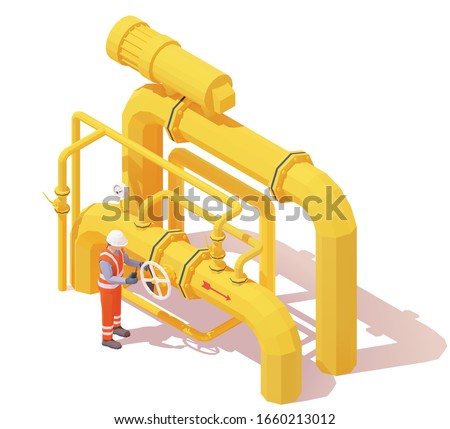 Vector isometric gas or oil production operator opens pipe valve. Yellow oil or gas pipes, manometer, valves, operator in workwear to open or close pipeline valve. Opening or closing pipeline valve