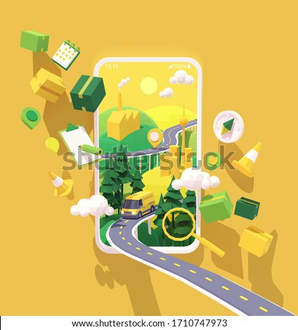 Vector parcel and mail delivery service and tracking app illustration, Smartphone with yellow delivery truck or van on the highway, road from factory to customer home. Supply chain