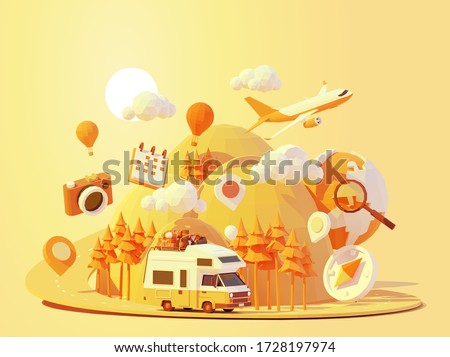 Vector camper van travel summer adventures illustration. Retro caravan road trip. Road between mountains with pine trees, hot air balloons. Summer vacation and tourism in RV. Holiday nostalgia