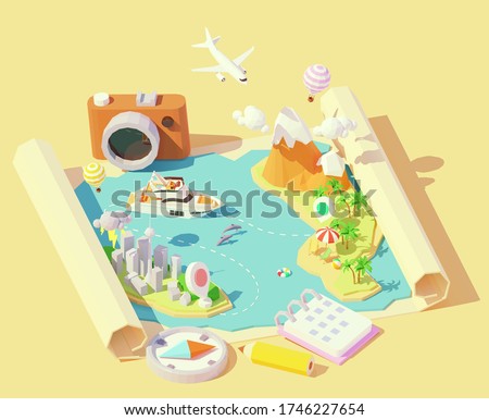 Vector isometric summer travel and vacation illustration. Summer travel map. Escape from city to tropical paradise. Airplane, yacht, balloons. Summer vacation planning with compass, calendar, camera
