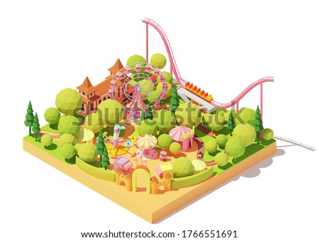 Vector isometric amusement park map. Theme park with Ferris wheel, roller coaster, carousels, bumper cars, circus and other amusement rides. Funfair illustration 商業照片 © 