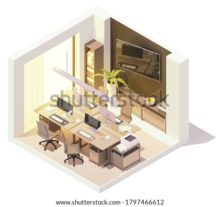 Vector isometric office room interior. Wooden desk with desktop computer monitors, cabinets, office chairs, office equipment, furniture and stationery
