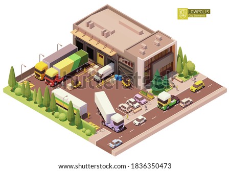 Vector isometric warehouse building. Warehouse building exterior. Industrial facility. Office, loading docks, forklifts, pallets, trucks. Isometric city or town map construction elements