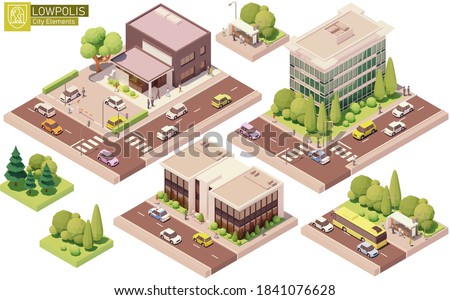 Vector isometric buildings and street elements set. Houses, homes and offices. Bus stop, trees cars and people. Isometric city or town map construction elements