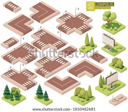 Vector isometric city street parts. Roads, crossroads, lawn, trees and bushes. Isometric city or town map construction elements