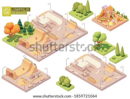 Vector isometric playground and skatepark. Modern colorful wooden children playground. Concrete and wooden skatepark for skateboarding. Isometric city or town map construction elements