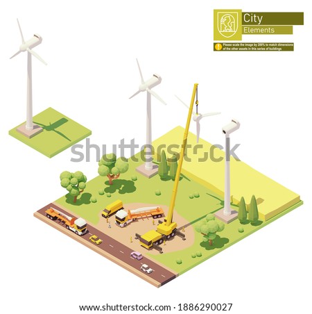 Vector low poly wind turbines farm construction. Onshore wind farm construction. Workers installing rotor blades with crane. Isometric city map elements