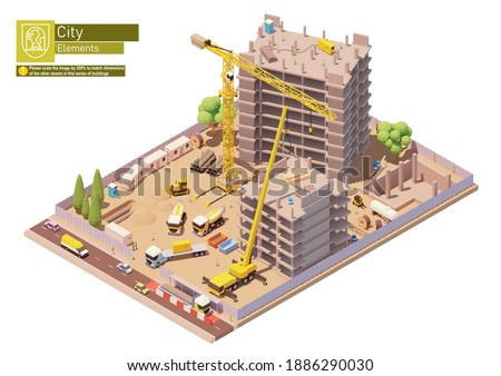 Vector isometric building construction site in the city. Modern skyscraper or monolithic building construction, tower crane, trucks, workers, excavator and other construction machinery