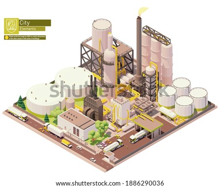 Vector isometric oil refinery plant with tankers for crude oil, processing facilities and petroleum storage tanks. Petrochemical plant infrastructure