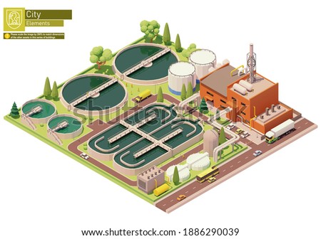 Vector low poly water or sewage treatment plant infrastructure. Water or wastewater cleaning plant. Basins for sewerage water aeration. Biological treatment plant