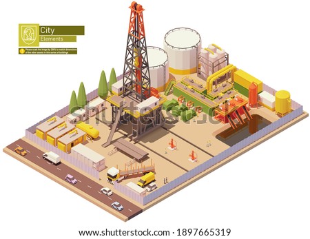 Vector isometric oil and gas land drilling rig. Oil land rig drilling wells for petroleum production or extraction. Isometric city map elements