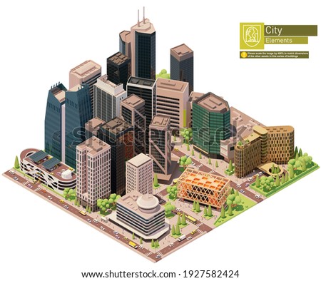 Vector isometric city downtown. Central business district of the city. City center includes skyscrapers, buildings, offices, multistorey car park, hotel, bus stop. People and transport on the streets.