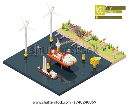 Vector isometric offshore wind farm and power plant construction. Includes turbine installation vessel with crane and barge loaded with wind turbine parts, transformer station, power station
