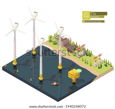 Vector offshore wind turbines power plant infrastructure. Includes offshore wind farm, transformer station, power lines and power station