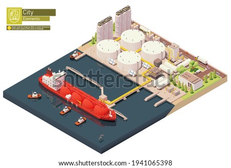 Vector isometric LNG carrier ship bunkering in LNG terminal. Tanker loading Liquefied Natural Gas at trading terminal. Vessel bunkering at gas storage