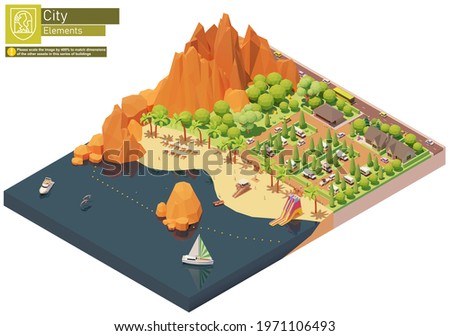 Vector isometric caravan or trailer park on the beach. Caravan camping resort. Seaside campground near mountains. Camping infrastructure, cottages, tents, trailers