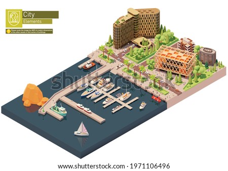 Vector isometric marina, sailboats and yacht harbor. City street, buildings and seaport. Docked or moored yachts, boats and speedboats near hotel building