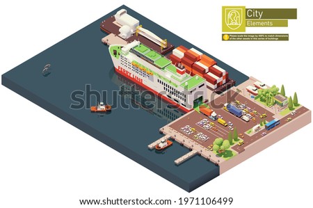 Vector isometric ferry ship unloading or at the port. Docked ferry with open gates and ramp unloading cars and trucks