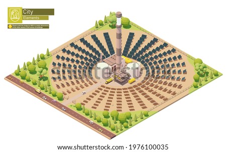 Vector isometric concentrated solar power plant. Concentrating solar power or concentrated solar thermal system with power tower and mirrored heliostats
