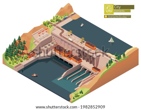 Vector isometric hydroelectric power station. Hydro power station dam on the river. Hydroelectric power plant with power lines