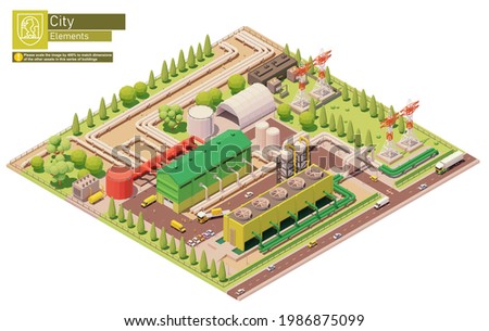 Vector isometric geothermal power station. Geothermal energy generation. Power plant with power lines and pipelines