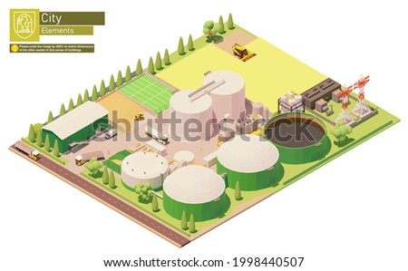 Vector isometric biogas power plant. Biogas plant production from agricultural waste and biomass. Electricity production. Combine harvester working on rapeseed field