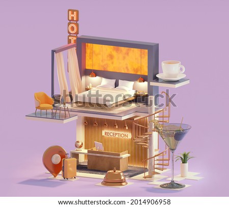 Hotel suite and reception cross-section. Cozy hotel reception interior with stairs to hotel room with bed. Neon sign. Hotel services and accommodation. 3d illustration